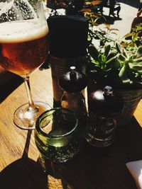 High angle view of beer in glass on table