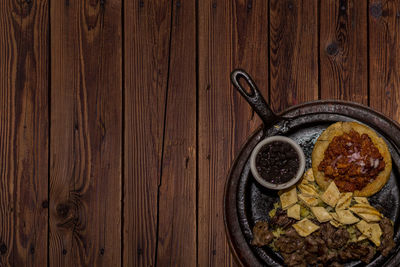 High angle view of food on wooden table