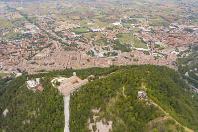 Aerial view of the ancient medieval ruins of the rocca and the town of gubbio umbria italy