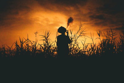 Silhouette man standing by plants against sunset sky