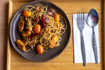 Directly above shot of meal served on table