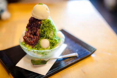 Close-up of dessert in plate on table