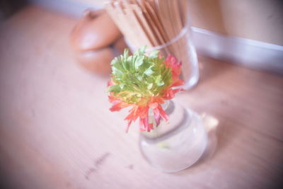 High angle view of flower in plate on table