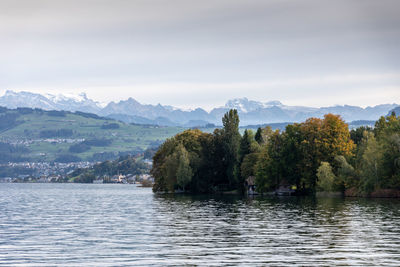 Scenic view of lake by trees against sky