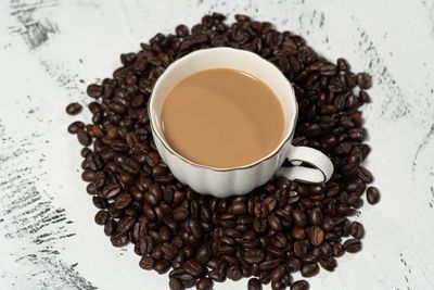 High angle view of coffee cup on table