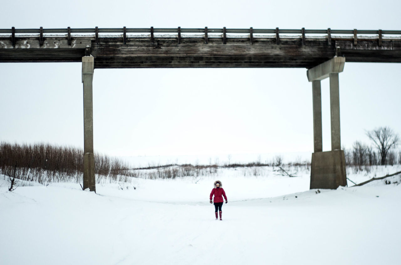 REAR VIEW OF PERSON WALKING ON SNOW COVERED LANDSCAPE