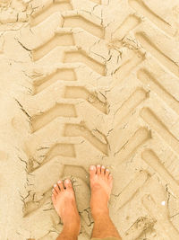 Low section of man standing on tire track in sand