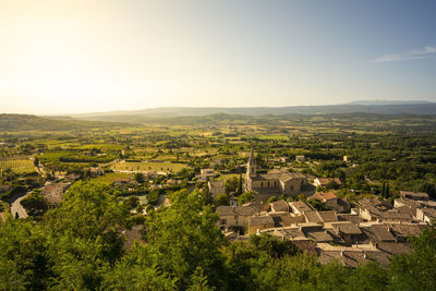 High angle view of townscape against clear sky