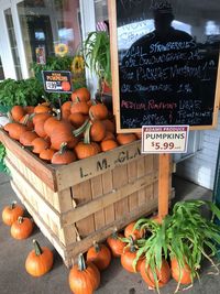 High angle view of pumpkins for sale at market