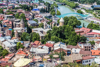 High angle view of residential buildings in city