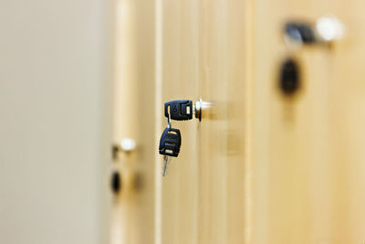 Low angle view of keys in lockers
