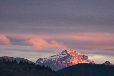 Scenic view of snowcapped mountains against sky during sunset