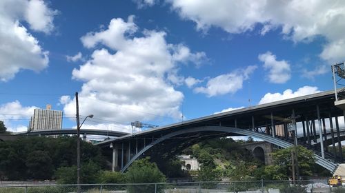 Bridge over river in city against sky