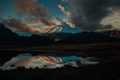 Scenic view of mountains against sky during sunset