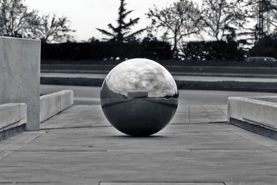 Close-up of ball on glass against trees