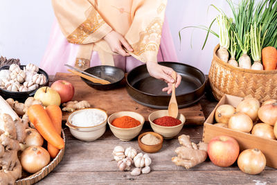 High angle view of various food on table