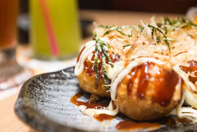 Close-up of food in plate on table