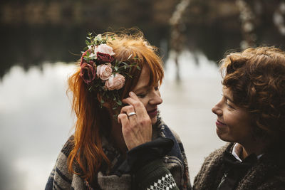 Lesbian women looking affectionately at each other