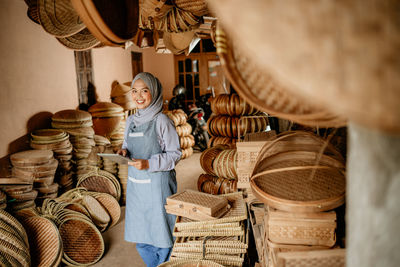 Full frame shot of wicker baskets for sale