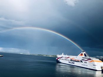 Scenic view of rainbow over sea against sky