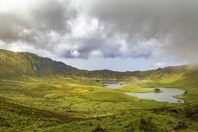 Scenic view of lake and mountains against sky