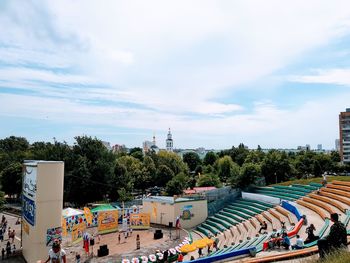 High angle view of crowd in city against sky