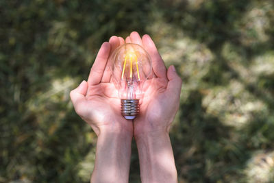 Hand holding light bulb in nature on green background for energy concept.