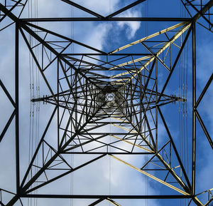 Low angle view of electricity pylon against clear sky