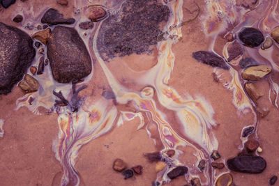 High angle view of oil spill in water at beach