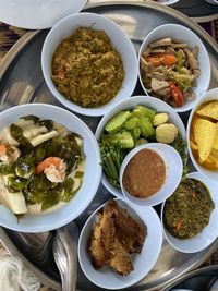 High angle view of food in plate on table