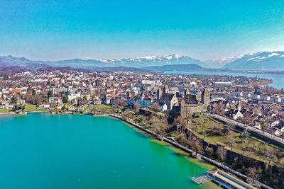 High angle view of buildings in city