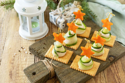 High angle view of christmas cookies on table