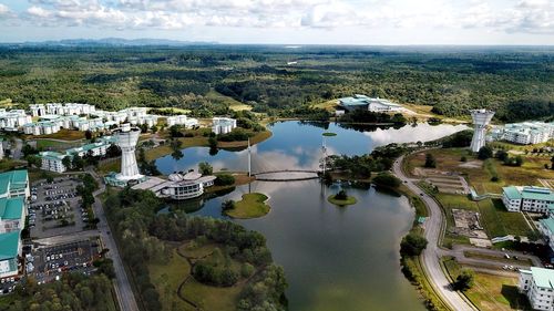 High angle view of lake against sky