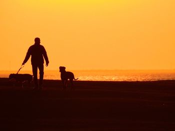 Silhouette of man with dog on landscape against sky during sunset