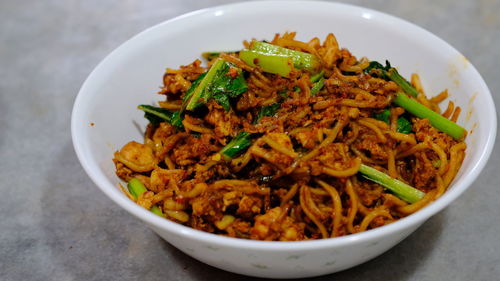 High angle view of noodles in bowl on table