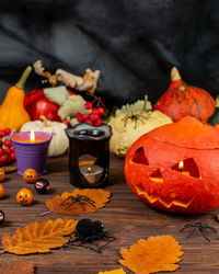High angle view of jack o lantern on table