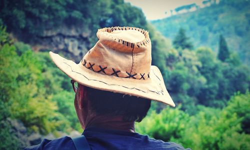 Rear view of man wearing hat against trees