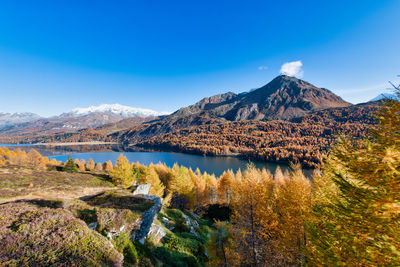 Scenic view of lake and mountains against clear blue sky