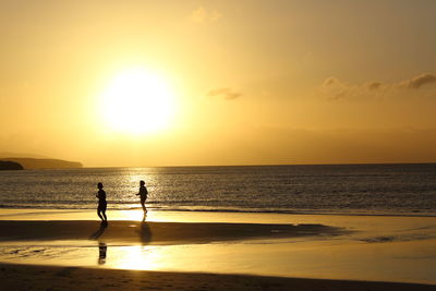 Silhouette people on beach against sky during sunset