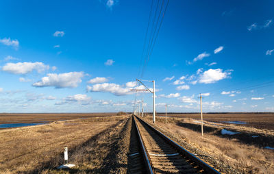 Railroad tracks on field against sky