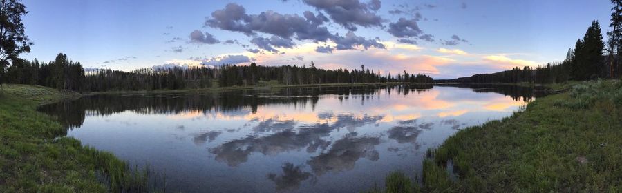 Panoramic view of lake against sky during sunset