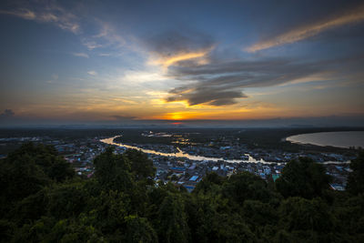 High angle view of cityscape against sky during sunset