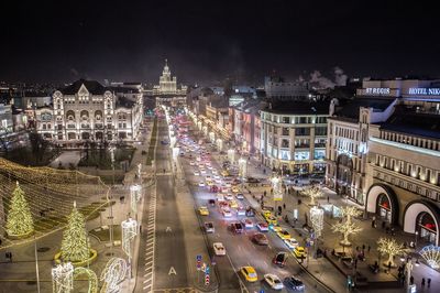 High angle view of city street at night