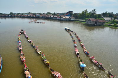 High angle view of boats in sea