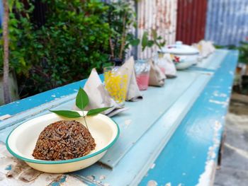 Close-up of dessert served on table