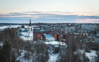 High angle view of  religion christian church buildings against sky during winter in russia 