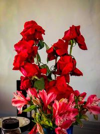 Close-up of red rose flowers in vase