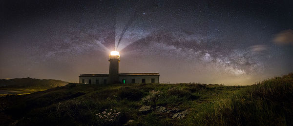 Low angle view of illuminated building against sky at night