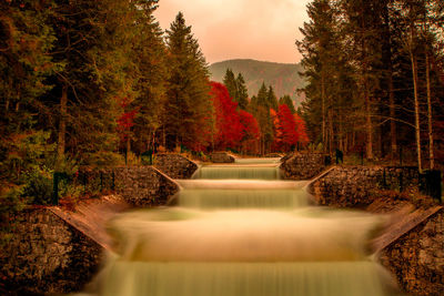 Scenic view of waterfall in forest against sky