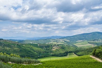 Scenic view of green landscape against sky